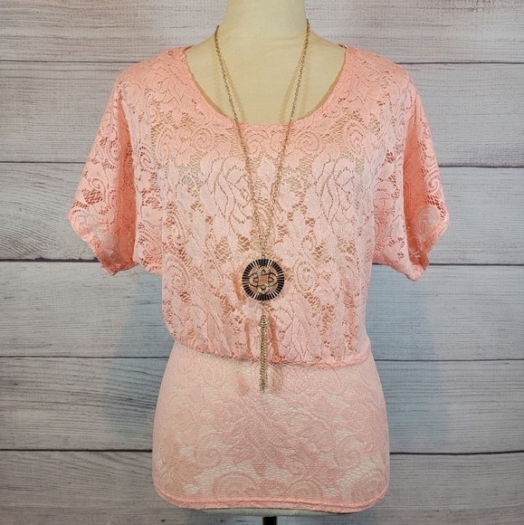 PAPAYA Floral Lace Short Sleeve Blouse with Necklace Pink Size Small - Picture 1 of 6